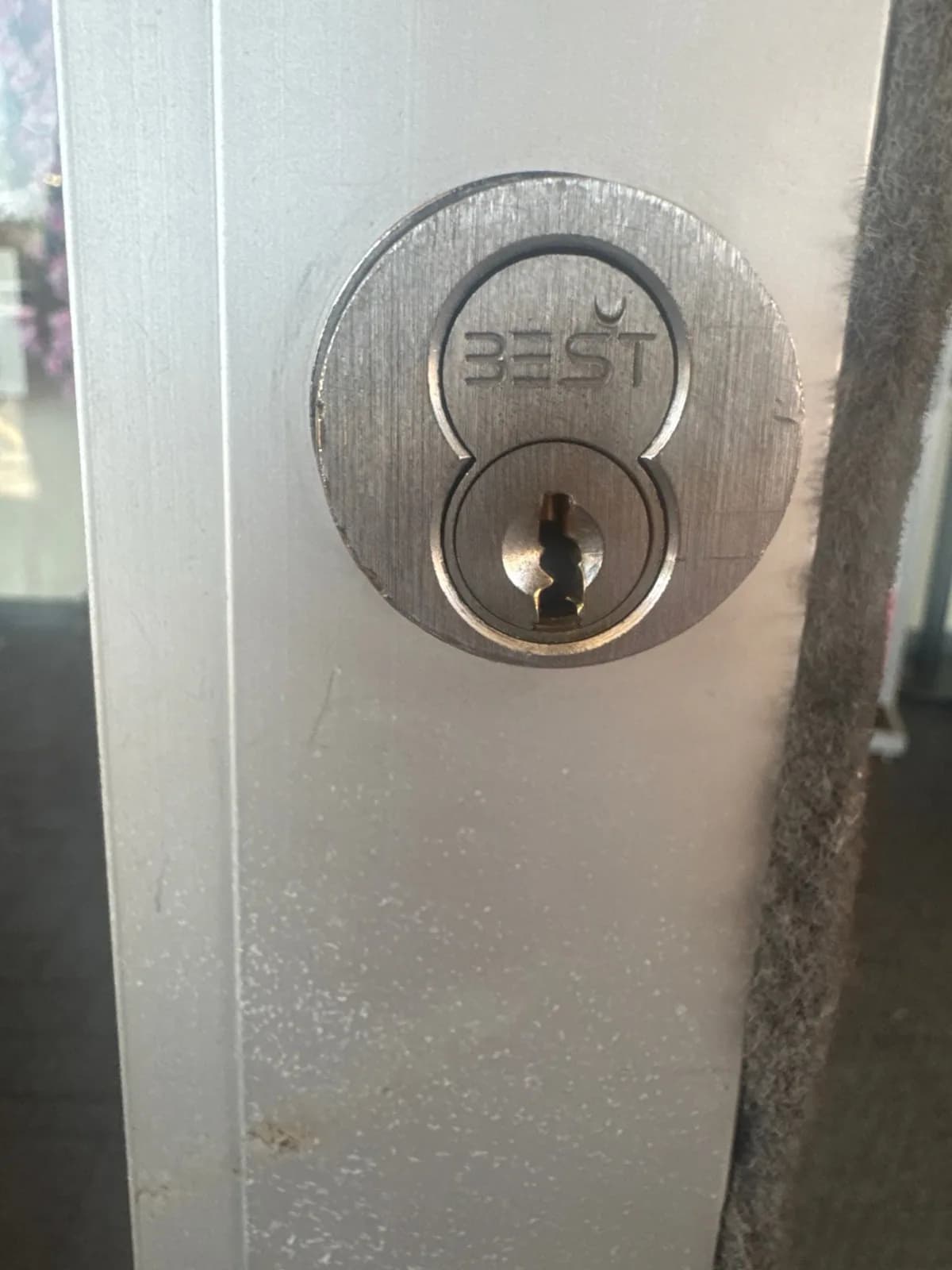 BEST interchangeable-core commercial lock cylinder on a Charlotte storefront door — broken key extraction call