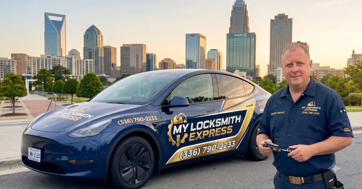 My Locksmith Express mobile unit in front of the Charlotte skyline, responding to an emergency lockout