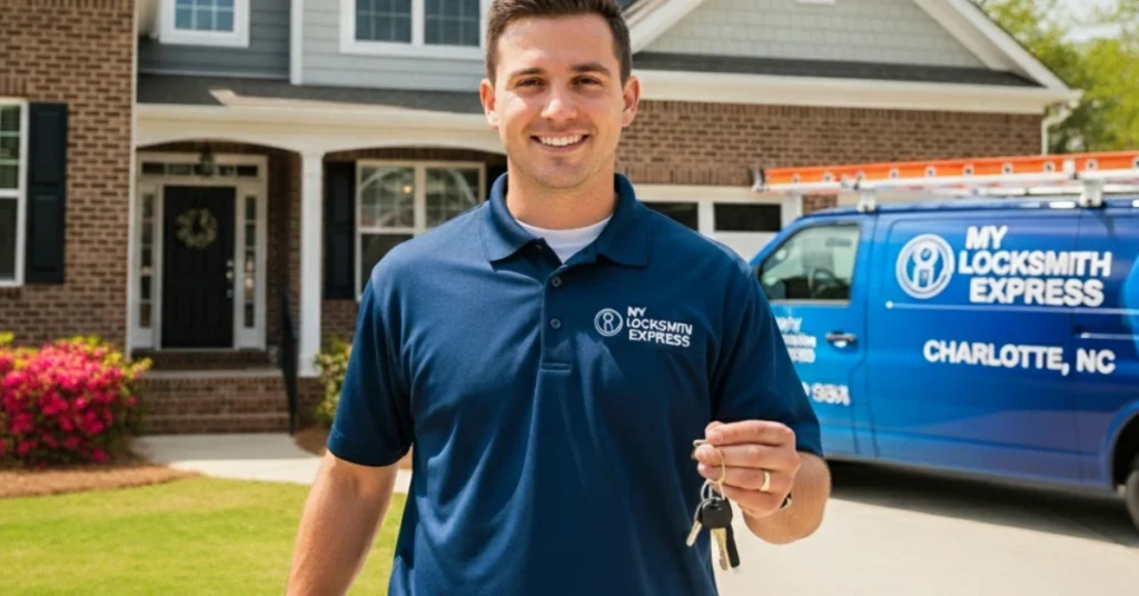 Mobile locksmith service van in Charlotte, NC, ready for a 24/7 emergency car lockout call.