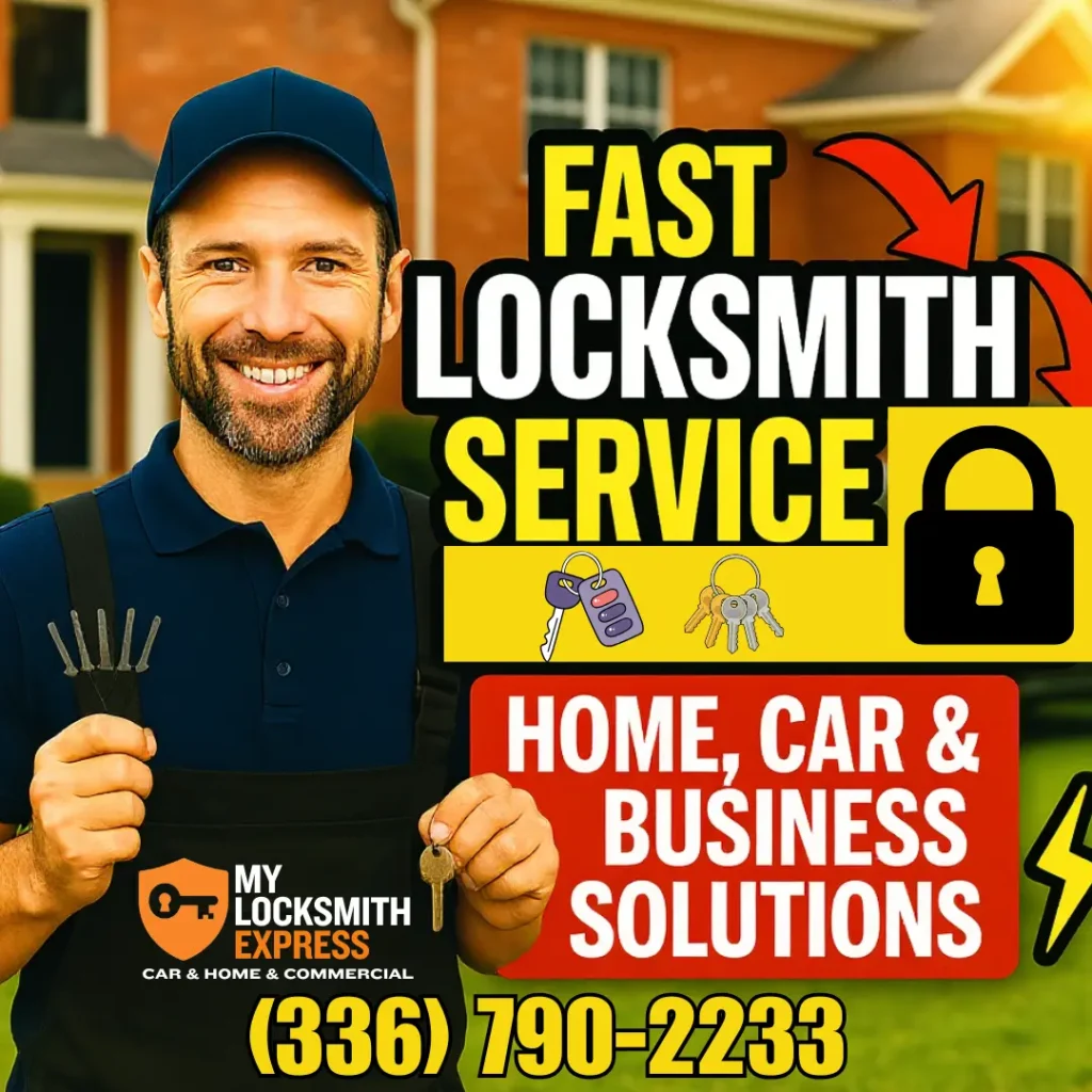 Professional mobile locksmith technician from My Locksmith Express holding tools. Fast service for home, car, and business lockouts in Charlotte, Huntersville, and surrounding NC areas.