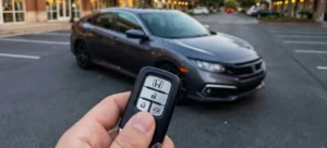 Professional locksmith holding a newly programmed smart key for a Honda Civic. Mobile Honda Civic key fob programming Huntersville service performed on-site near Birkdale Village