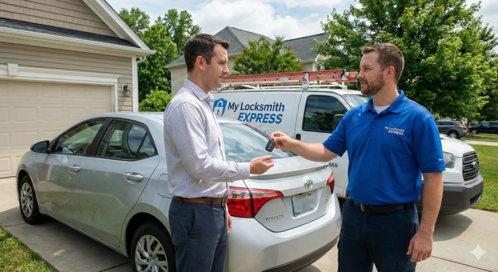 Mobile locksmith technician giving new Toyota keys to a customer in Huntersville NC