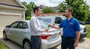 Mobile locksmith technician giving new Toyota keys to a customer in Huntersville NC