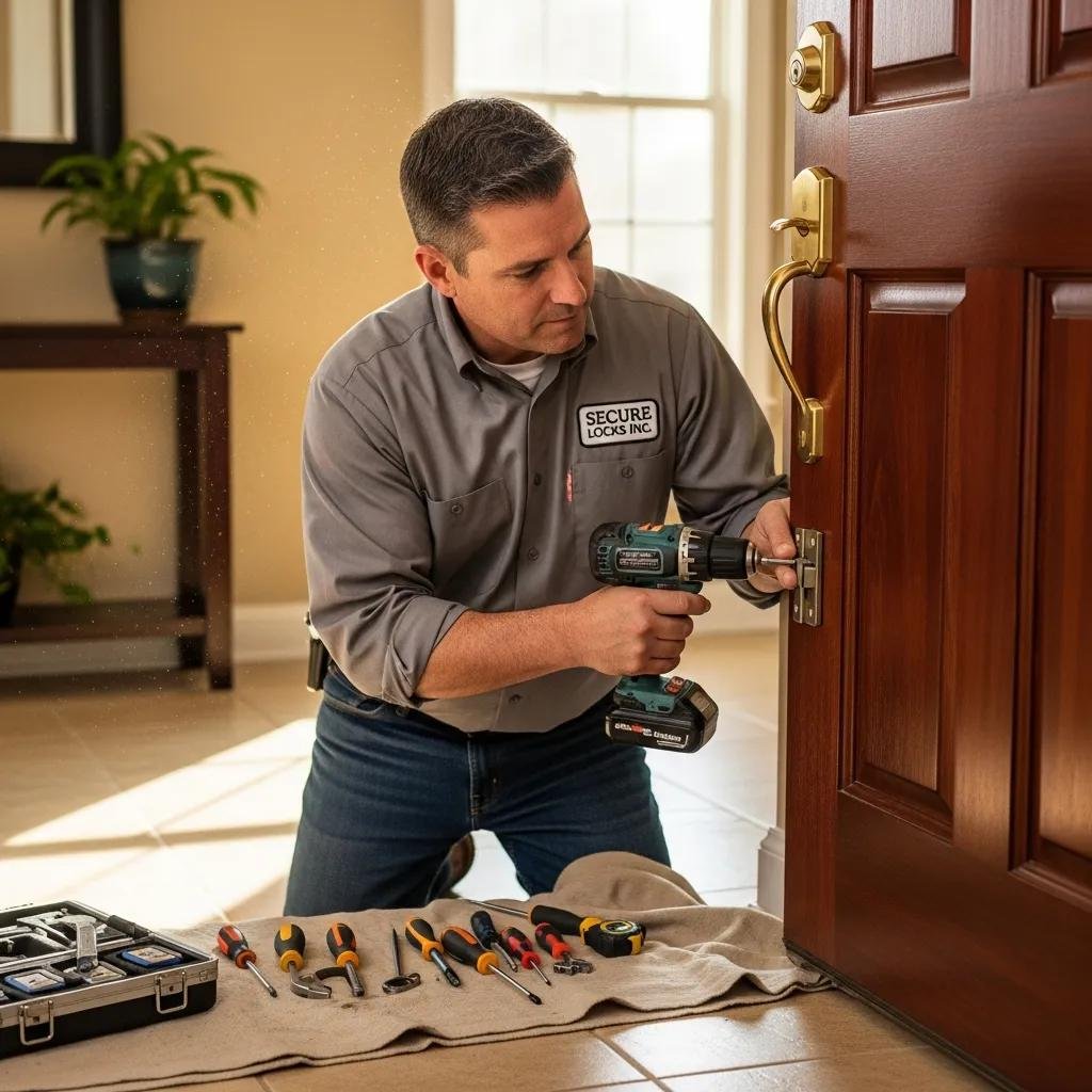 A locksmith installing a high-security lock in a wooden door, demonstrating expertise and professionalism in lock installation