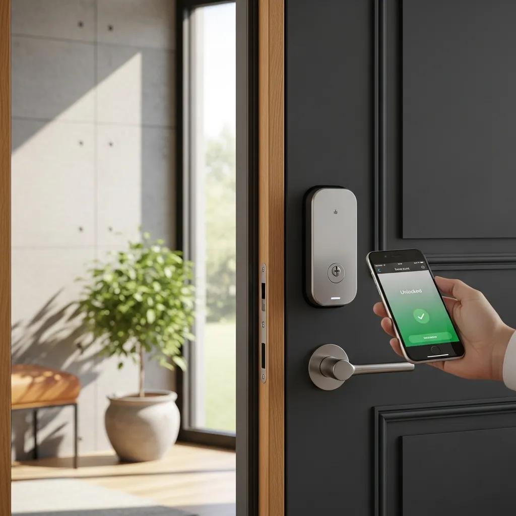A person using a smartphone to unlock a smart lock on a front door