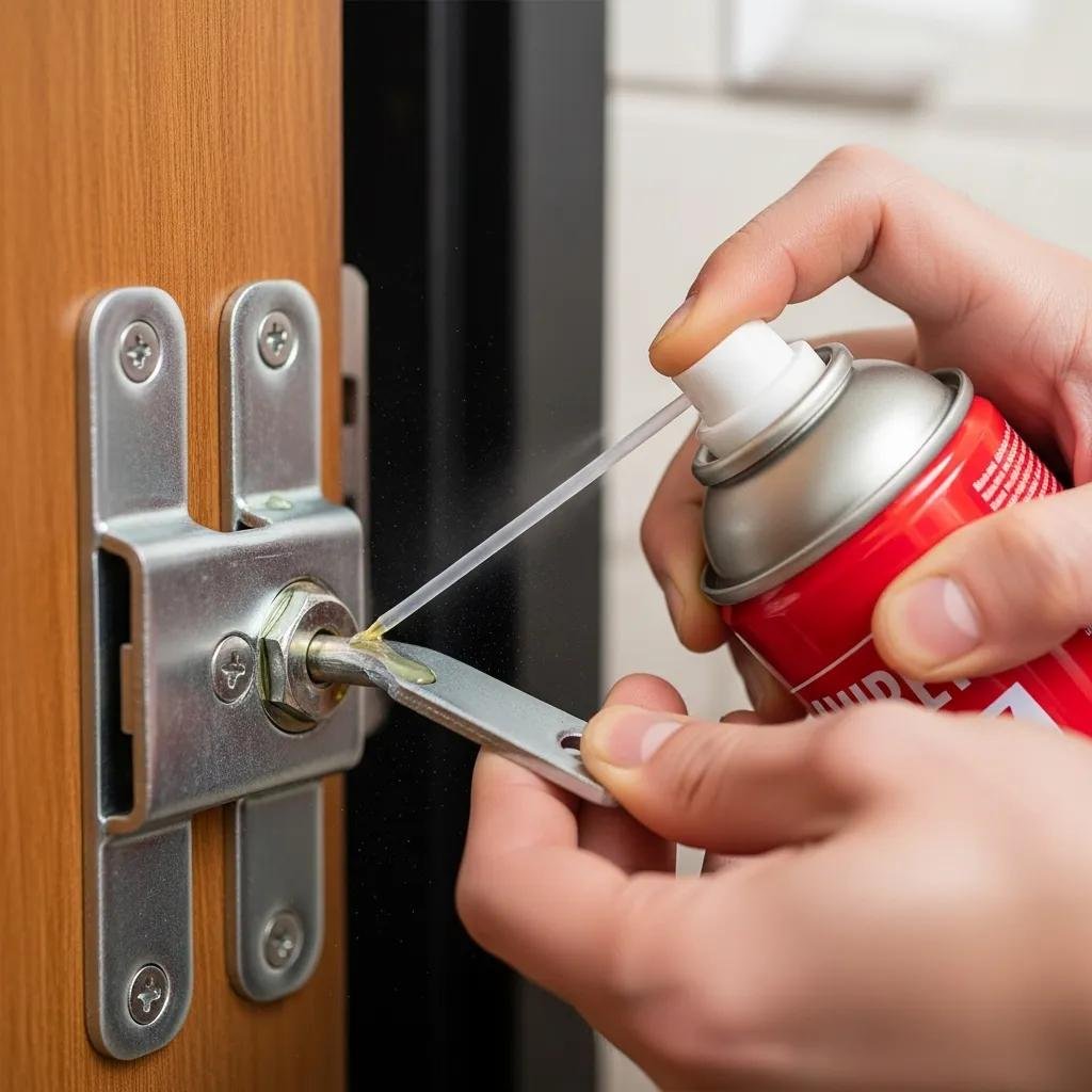 Applying lubricant to a door latch mechanism for maintenance