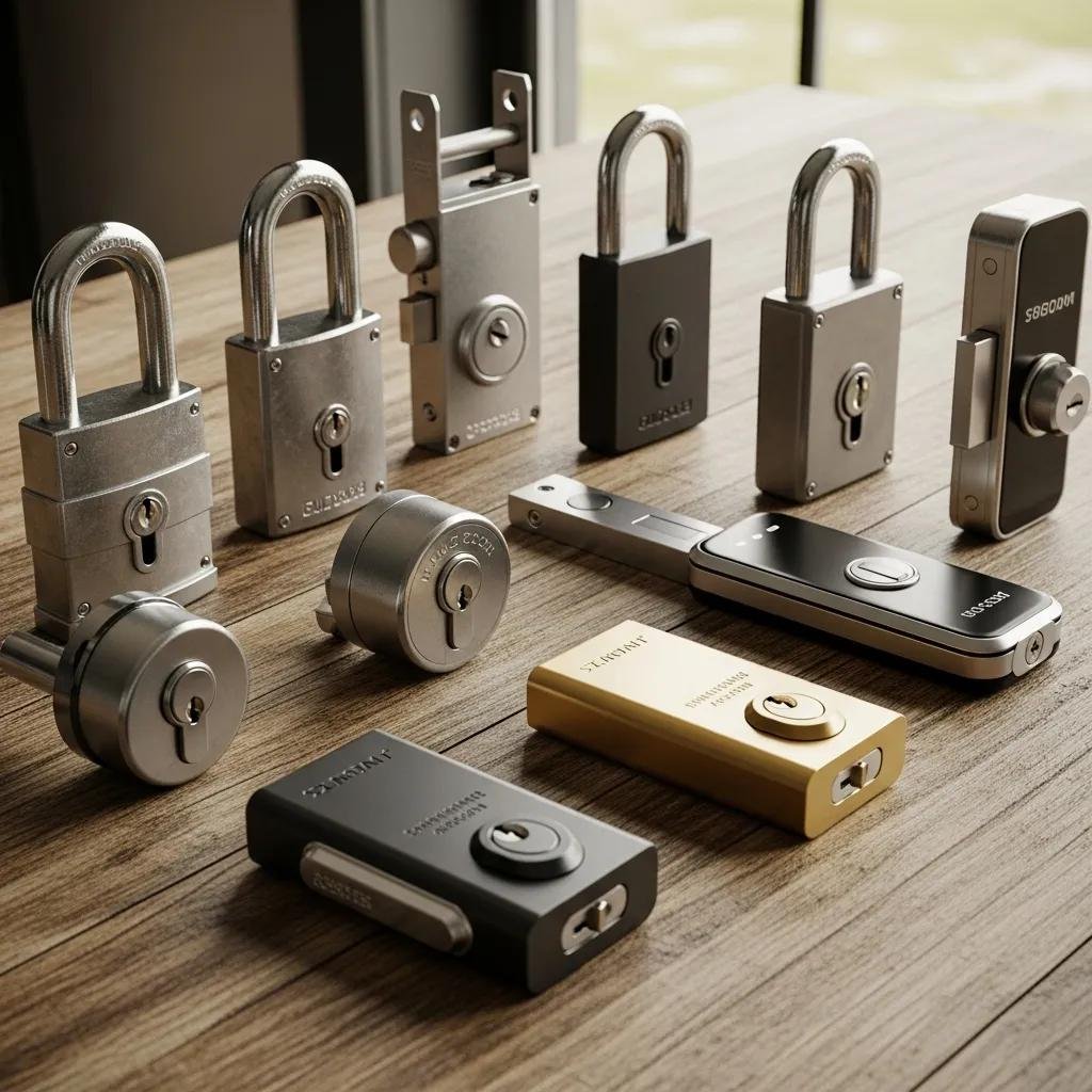 Array of high-security commercial locks on a wooden table, highlighting their robust design and security features
