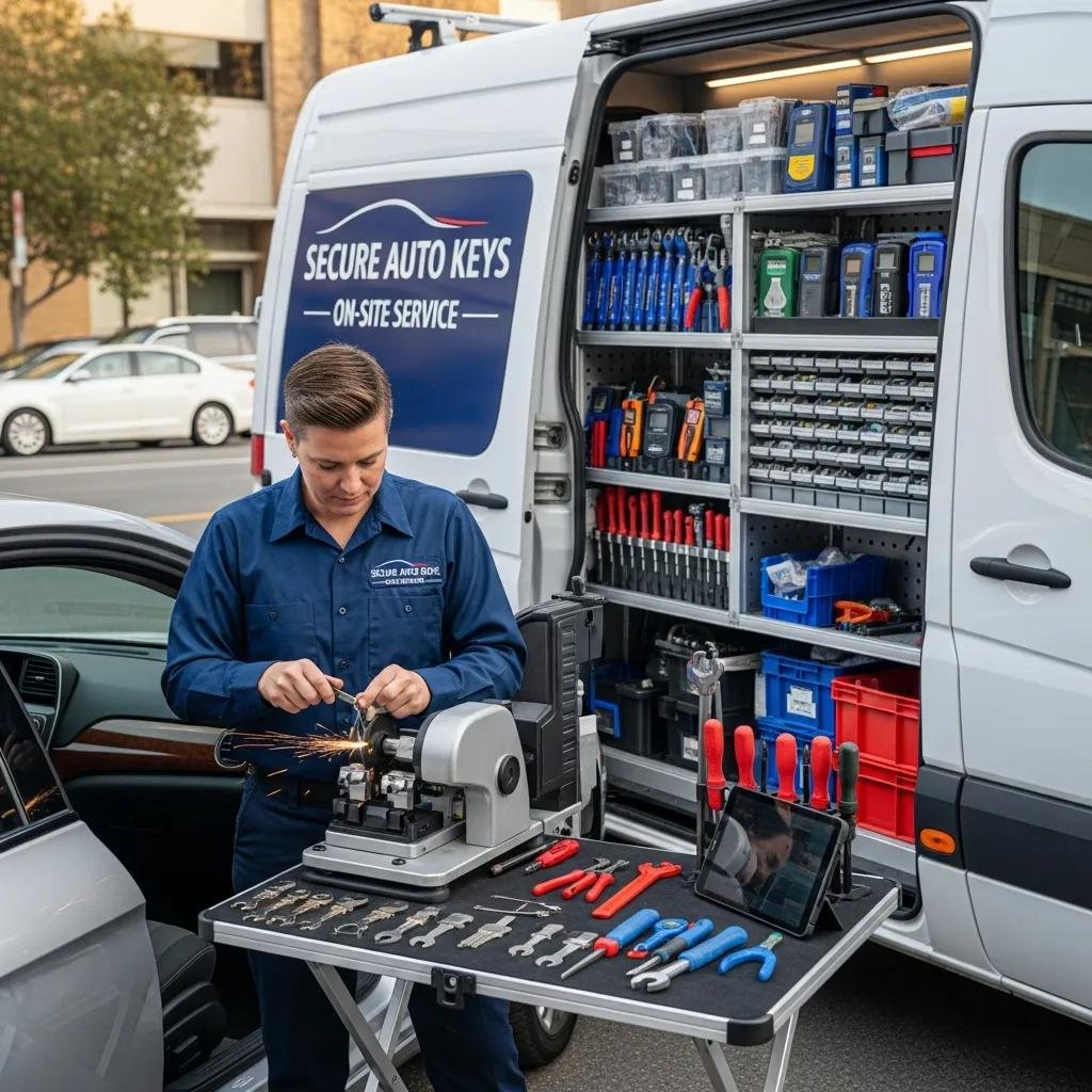 Automotive locksmith cutting a new key at an on-site service van, showcasing tools and equipment for key replacement services in Huntersville, NC.