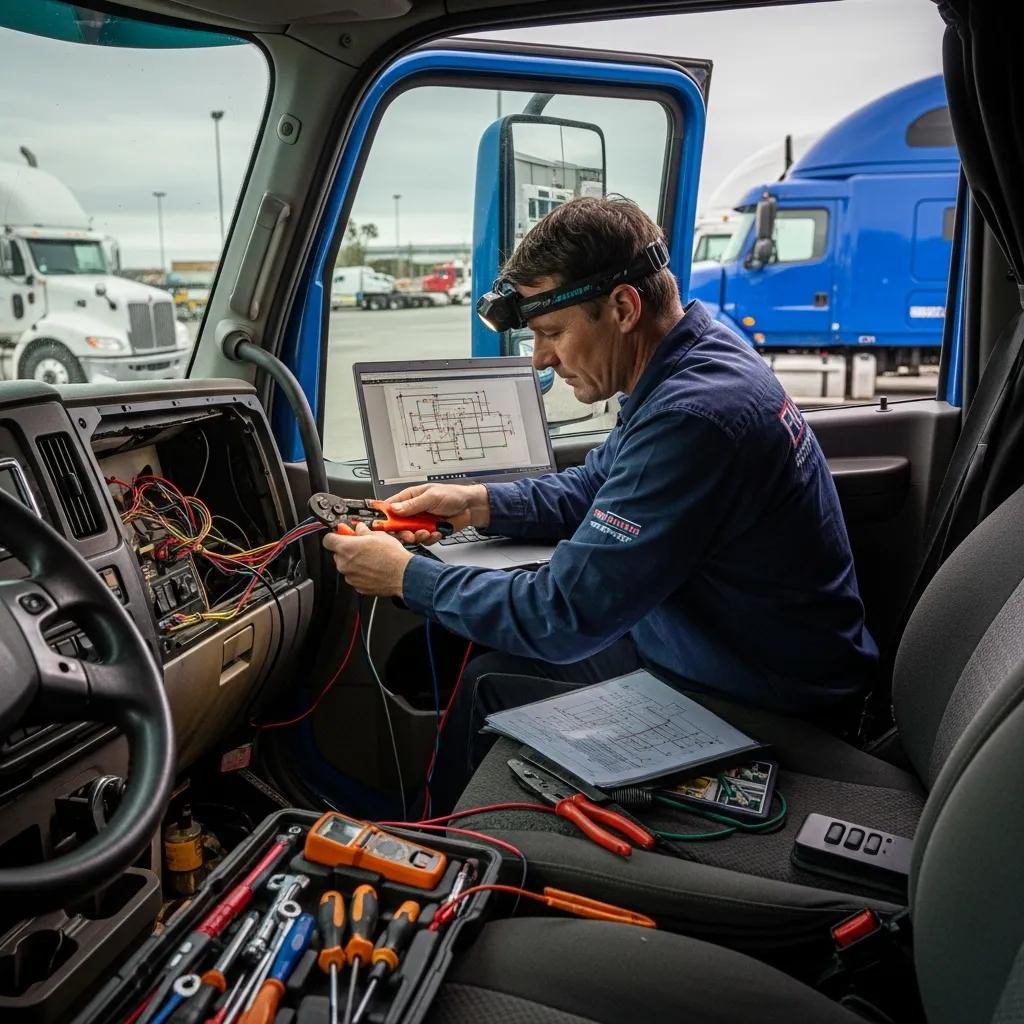Automotive locksmith enhancing security on a commercial truck, showcasing professional services