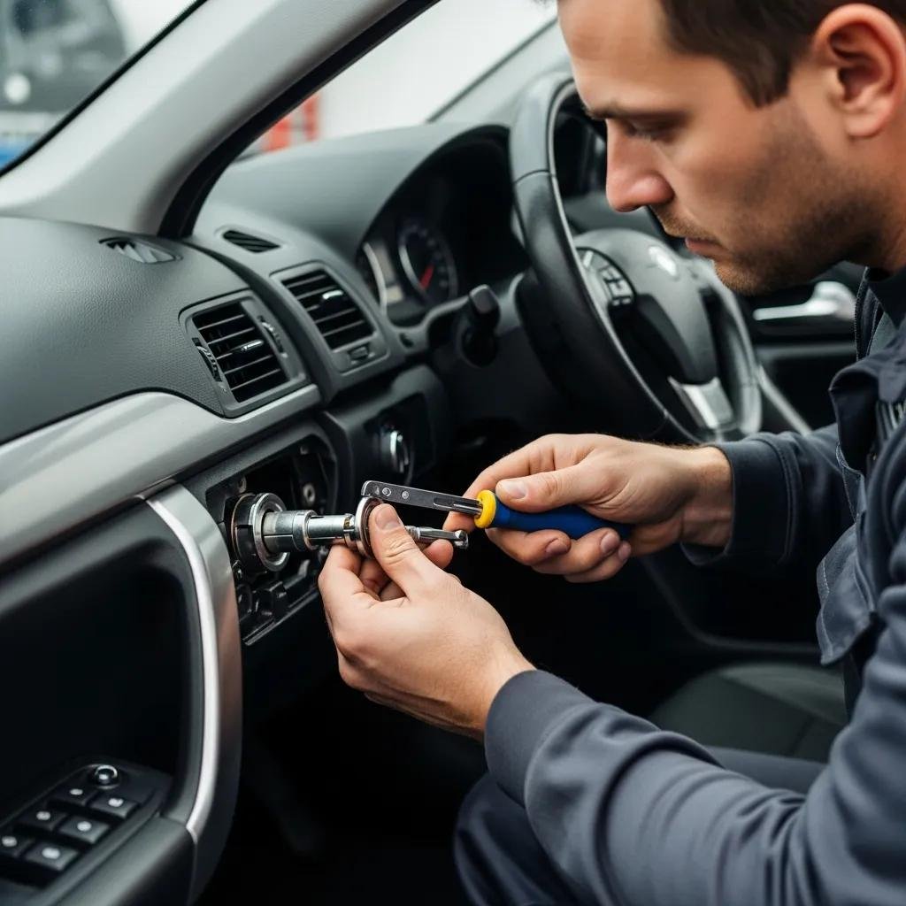 Automotive locksmith repairing a car door lock in a garage