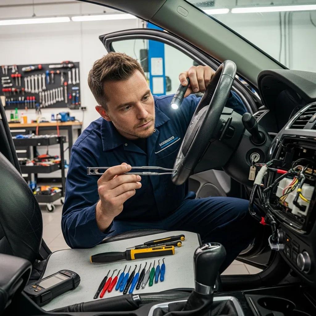 Automotive locksmith technician repairing car ignition system with tools, highlighting automotive locksmith services.