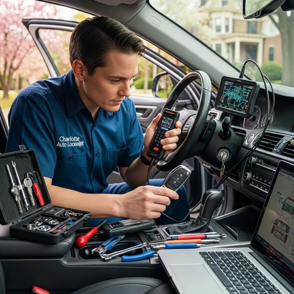Automotive locksmith repairing a car ignition system, illustrating key replacement and transponder programming services