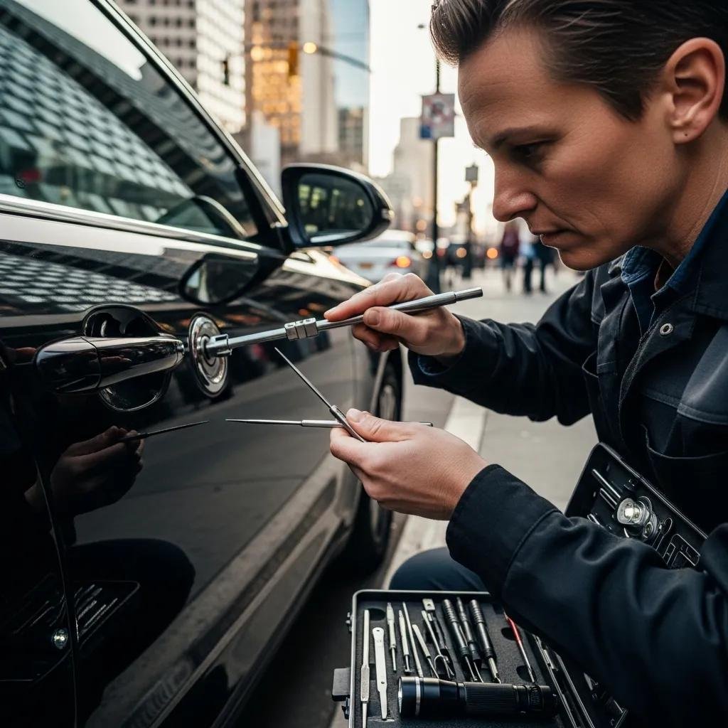 Automotive locksmith unlocking a car door with specialized tools, showcasing emergency lockout services in Uptown Charlotte.