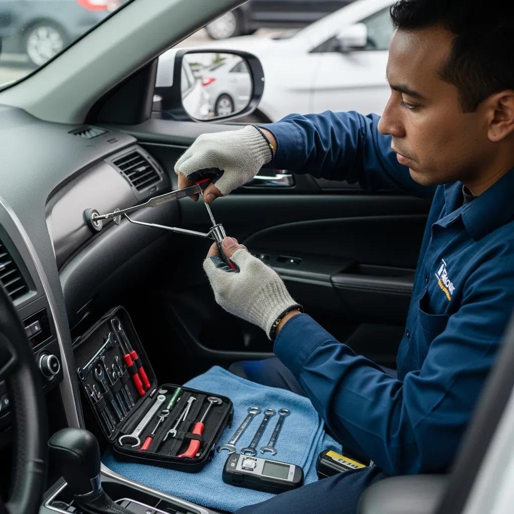 Automotive locksmith unlocking a car door, illustrating vehicle lockout services