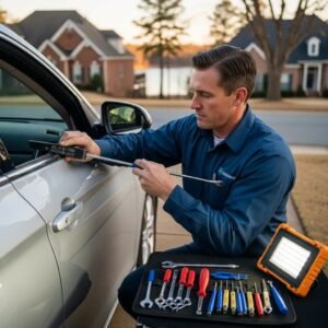 Automotive locksmith unlocking a car door in Lake Norman, NC, highlighting professional services