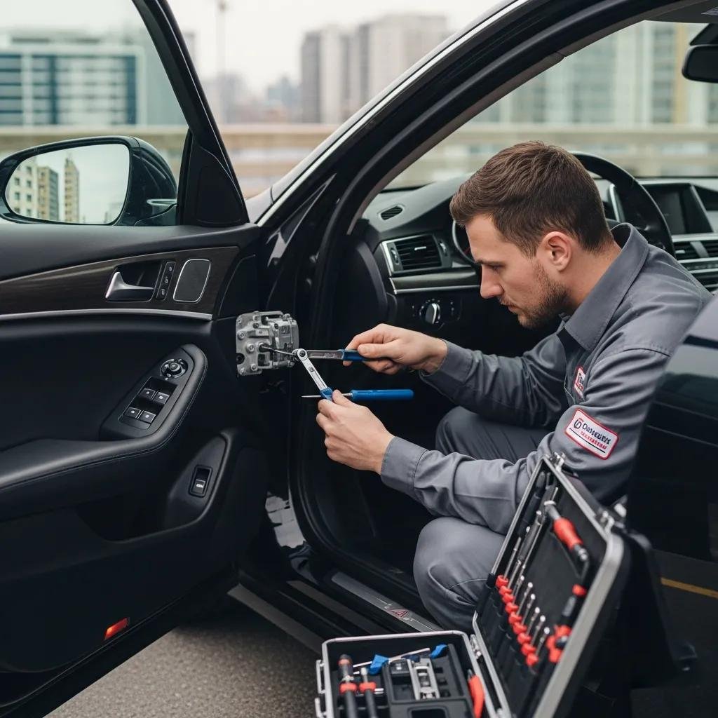 Automotive locksmith technician using specialized tools to unlock a car door, showcasing expertise in car lockout solutions and vehicle access services in Cornelius, NC.
