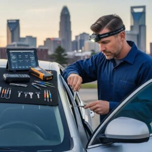 Automotive locksmith working on a car door in Charlotte, NC, highlighting professional services