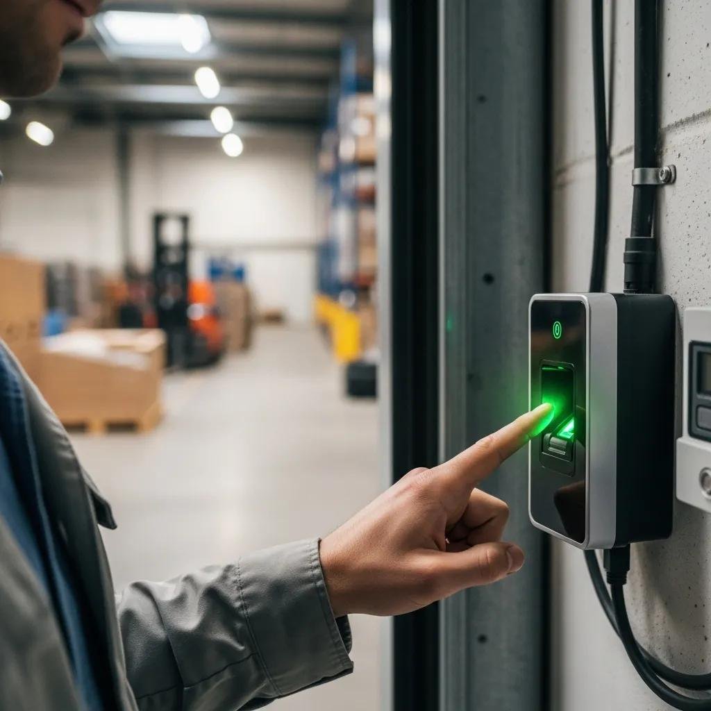 Biometric access control system in use at a warehouse entrance