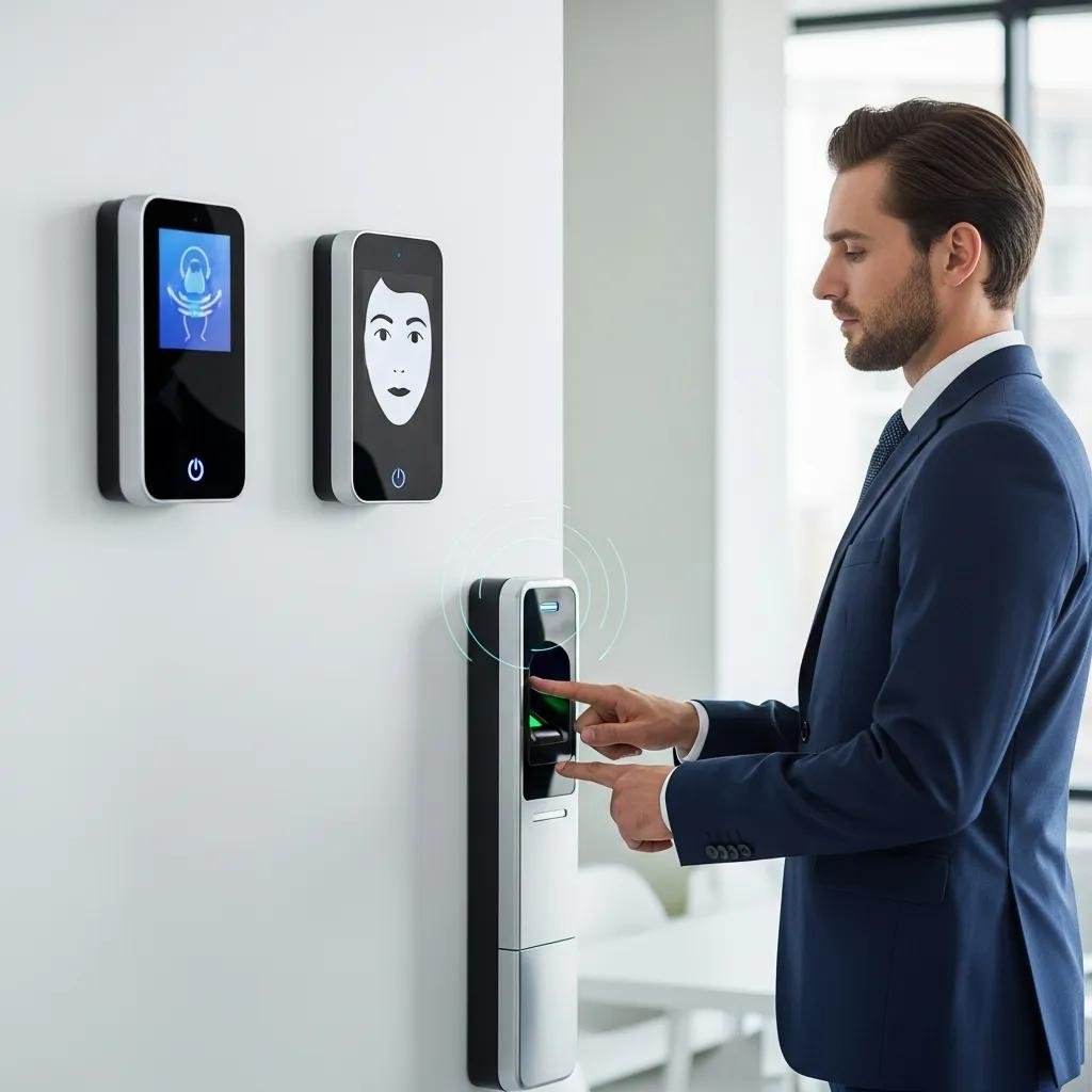 Biometric access control system with fingerprint scanner and facial recognition device in a modern office
