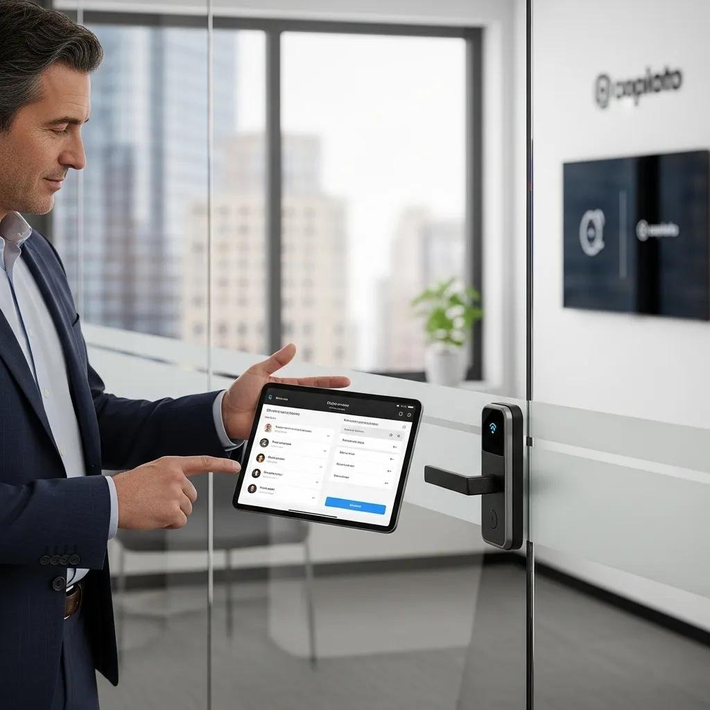Business owner managing a smart lock system in an office, highlighting commercial smart lock solutions
