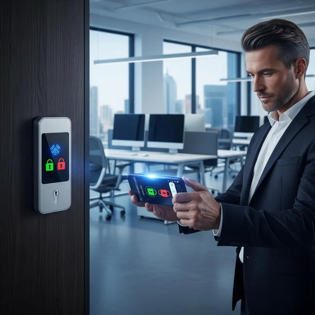 Business owner using smartphone to control high-security lock access