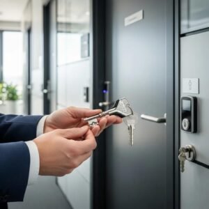 Business professional holding a master key in a modern office, symbolizing custom master key systems for security