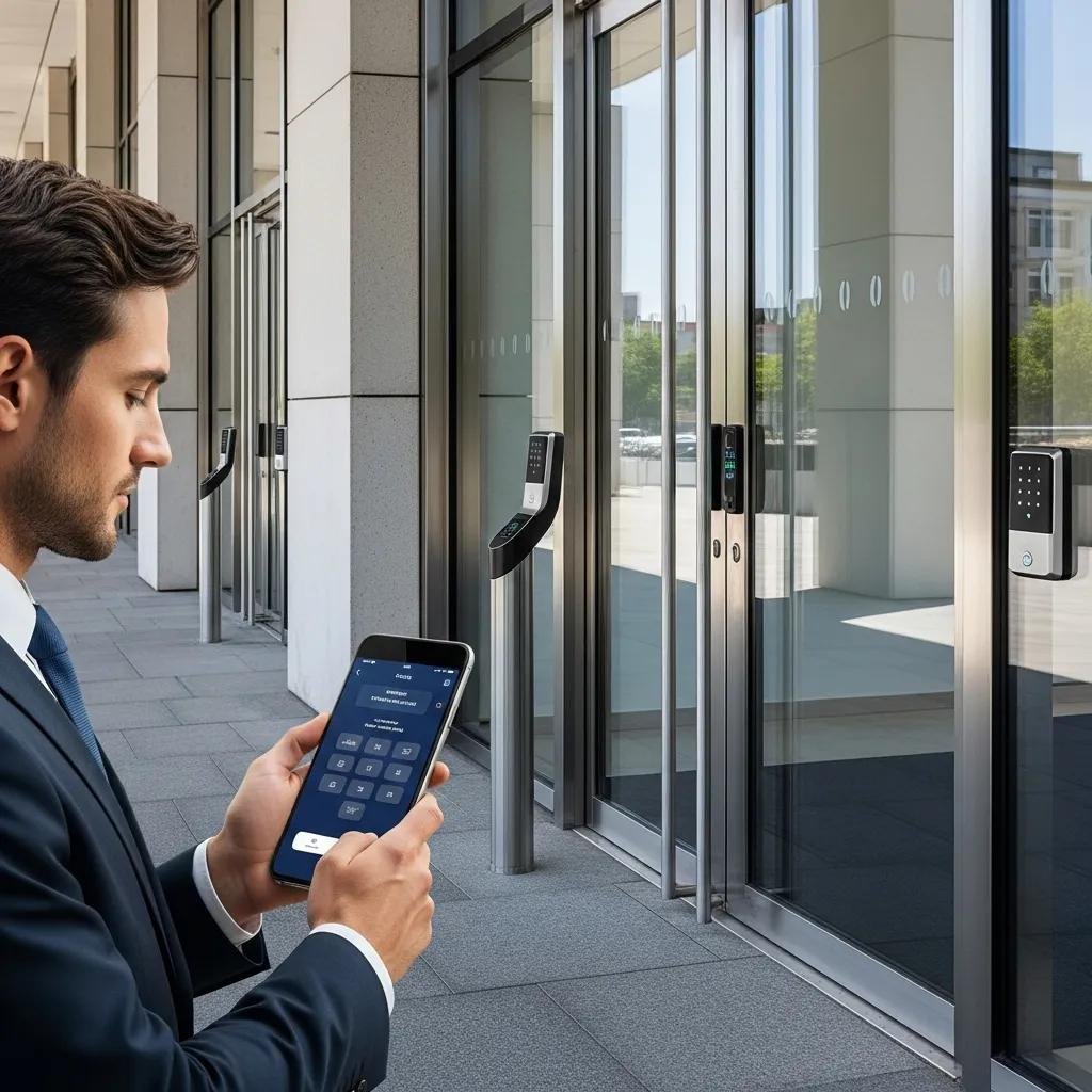 Business professional managing smart locks at an office building entrance