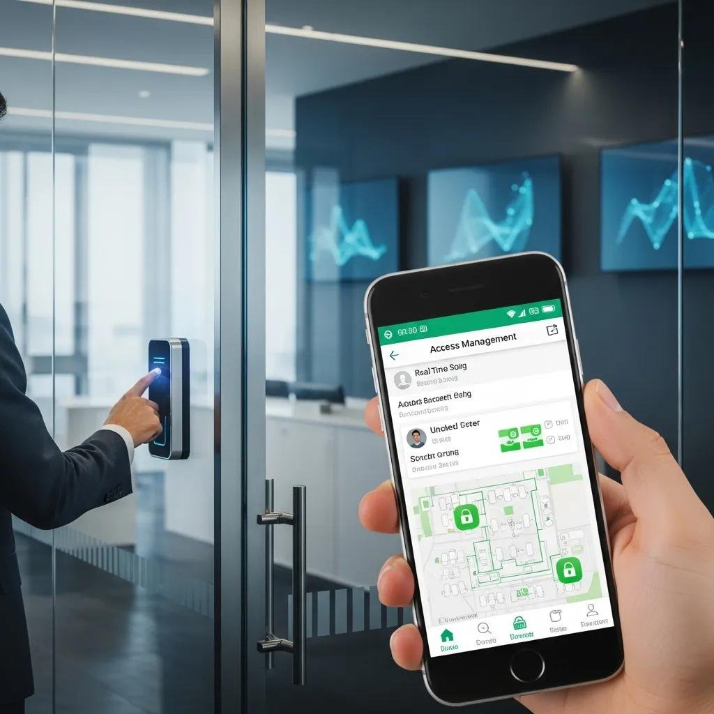 Business professional using a biometric scanner for access control in an office