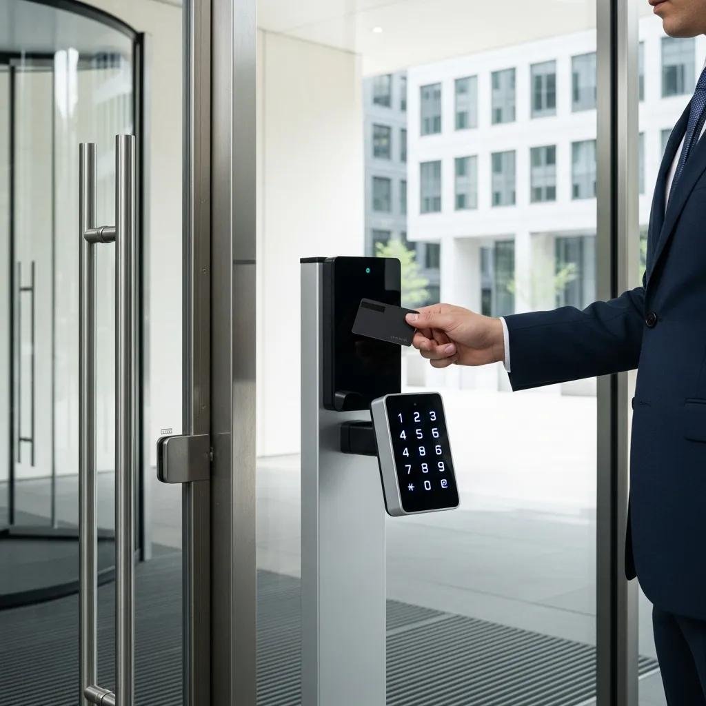 Business professional using an access control system at a commercial building entrance
