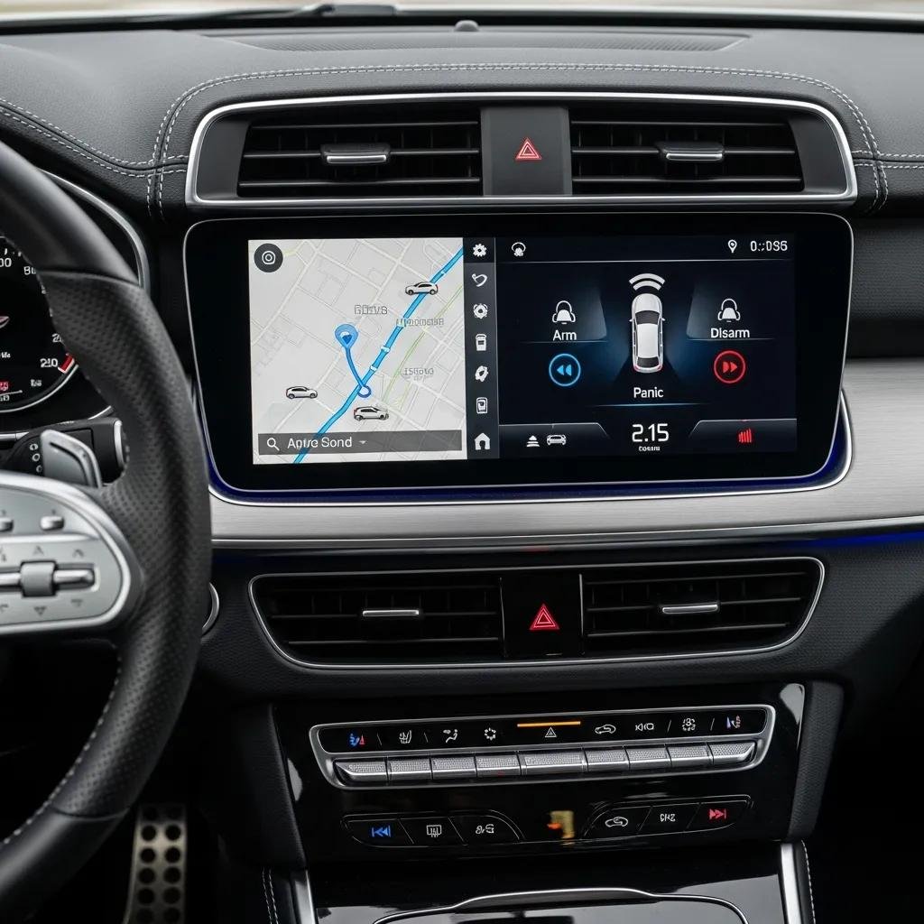 Car dashboard showcasing advanced electronic security system features like GPS tracking and alarms, enhancing vehicle protection