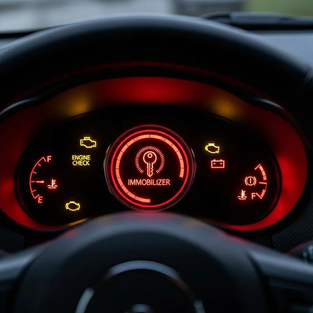 Car dashboard with illuminated warning lights indicating immobilizer system activity