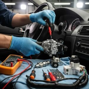 Car ignition system inspection by a mechanic in a garage