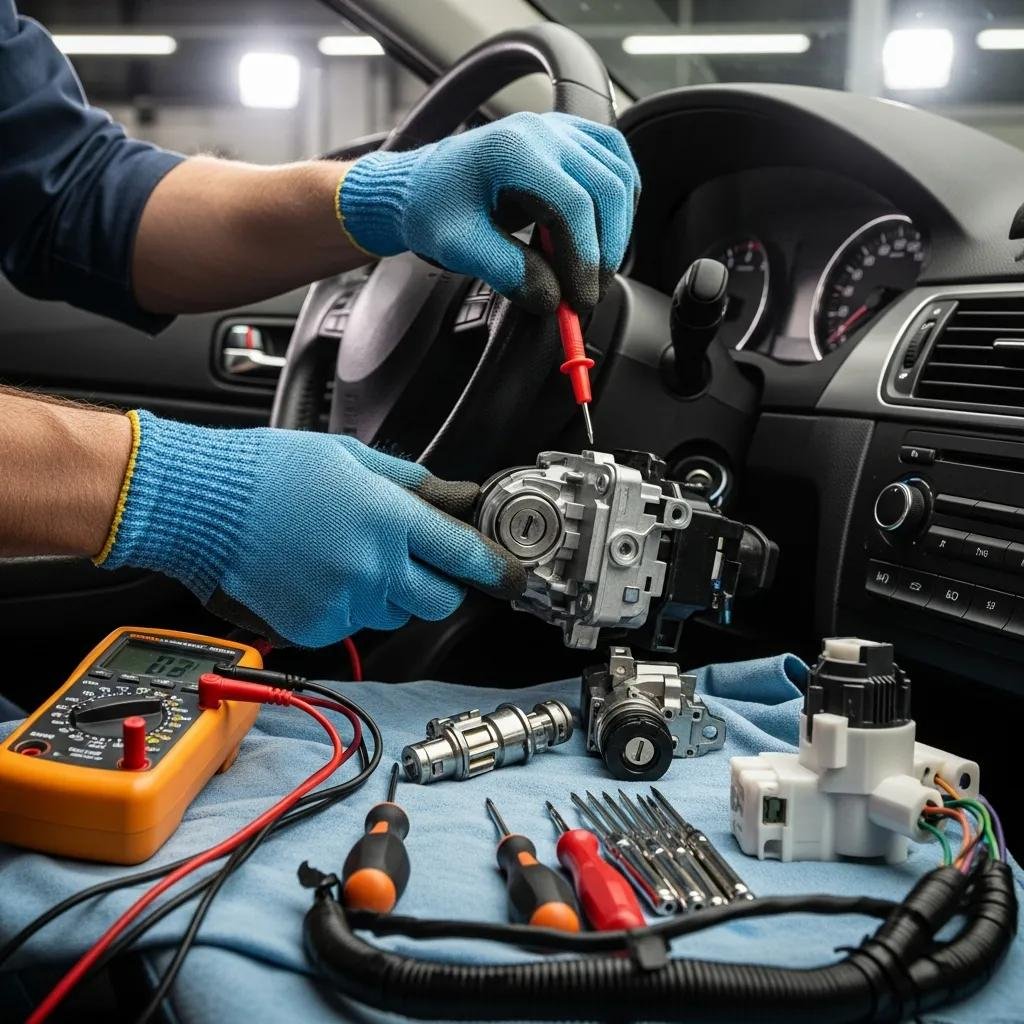 Car ignition system inspection by a mechanic in a garage