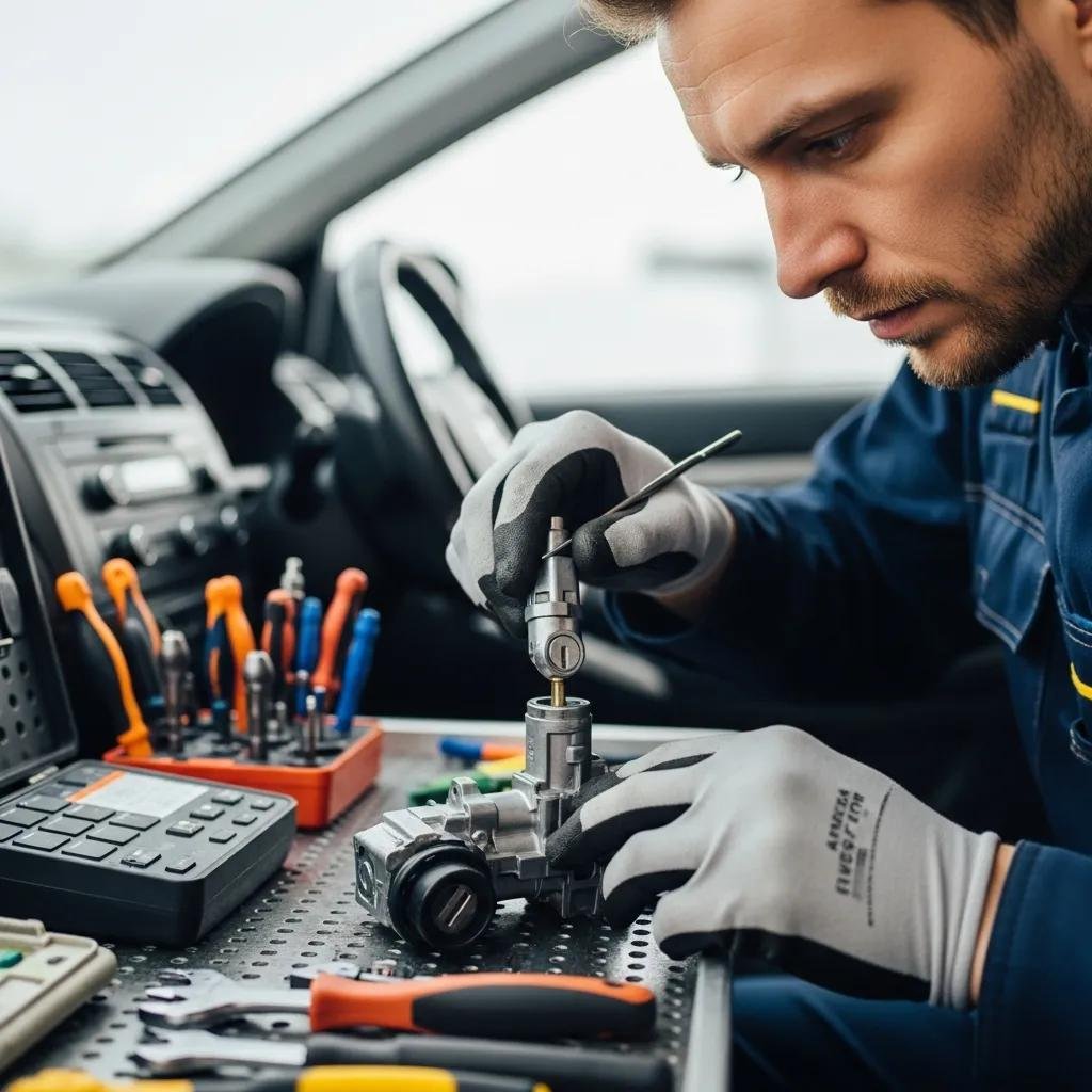 Car ignition system repair by a locksmith in a mobile workshop