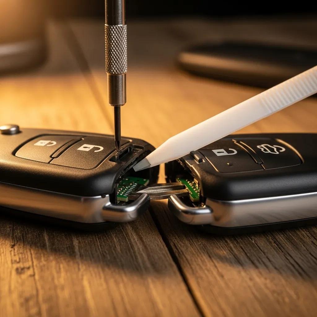 Car key fob and tools for battery replacement on a wooden table