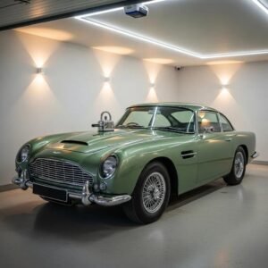 Classic car in a secure garage with visible steering wheel lock, representing vintage vehicle protection