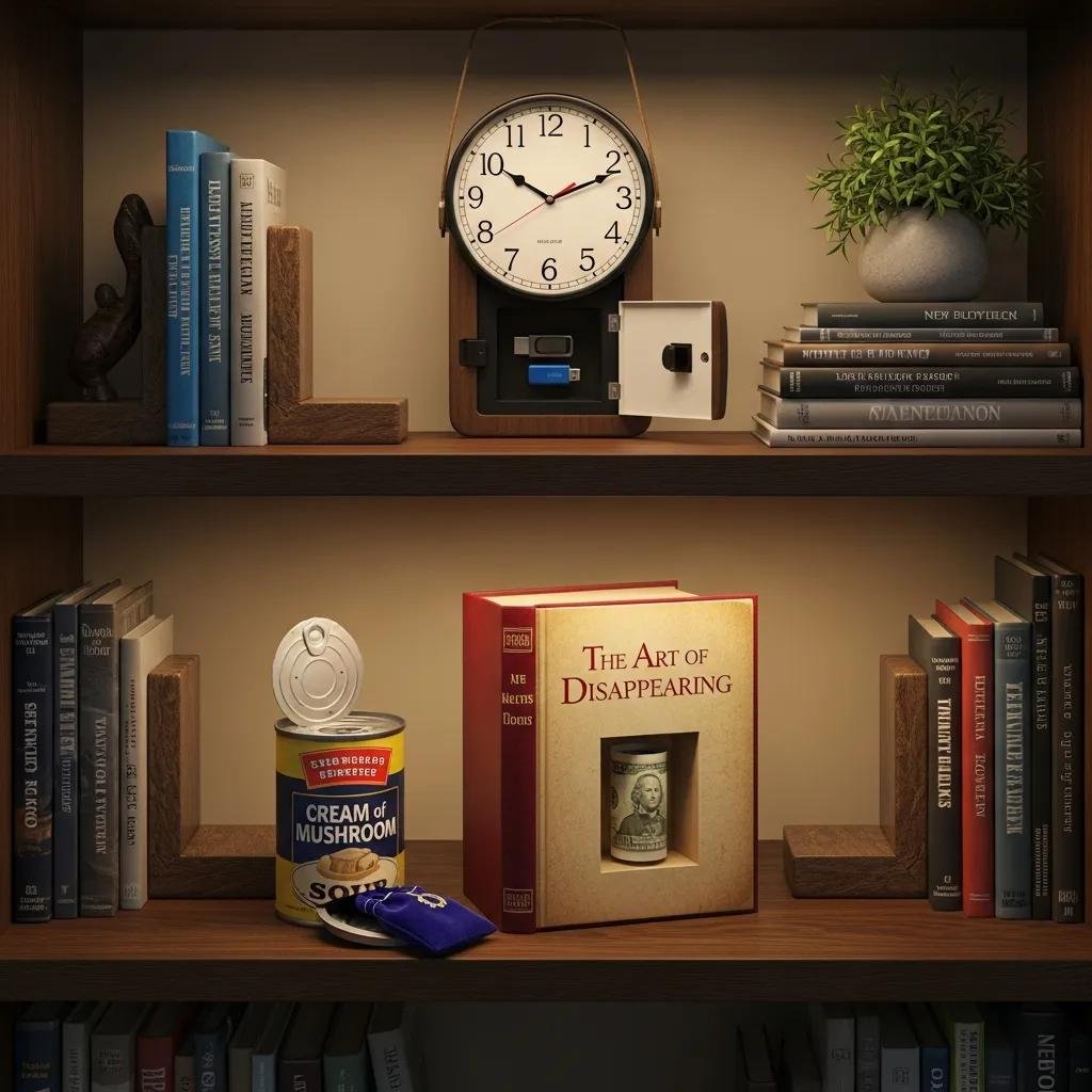 Clever hiding places for valuables including a hollowed-out book and fake can, enhancing home security