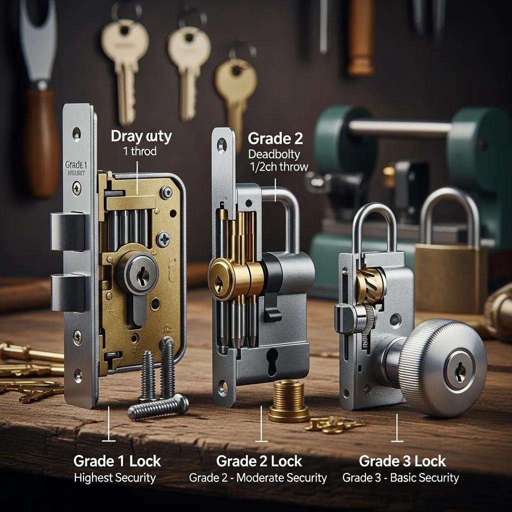 Close-up comparison of Grade 1, Grade 2, and Grade 3 locks highlighting their unique features