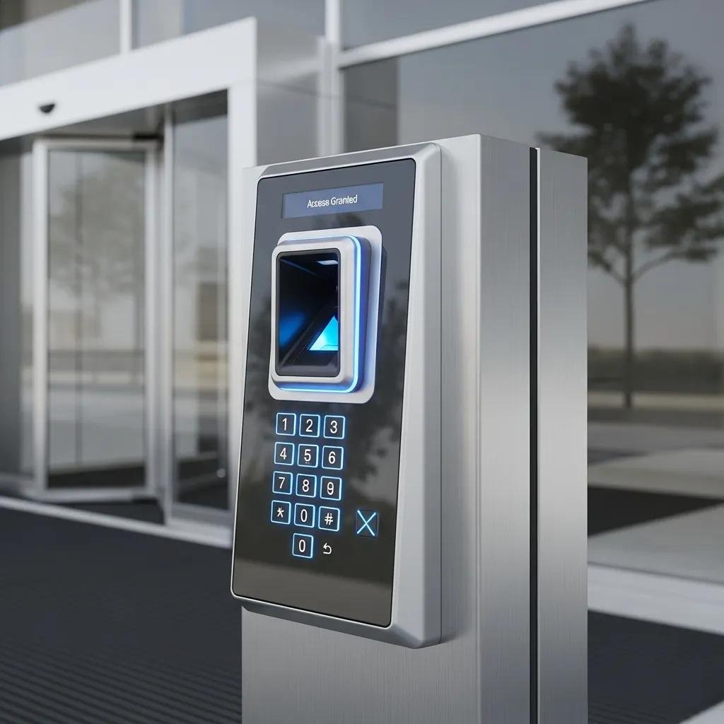 Close-up of a biometric access control system at a commercial building entrance, emphasizing modern security technology