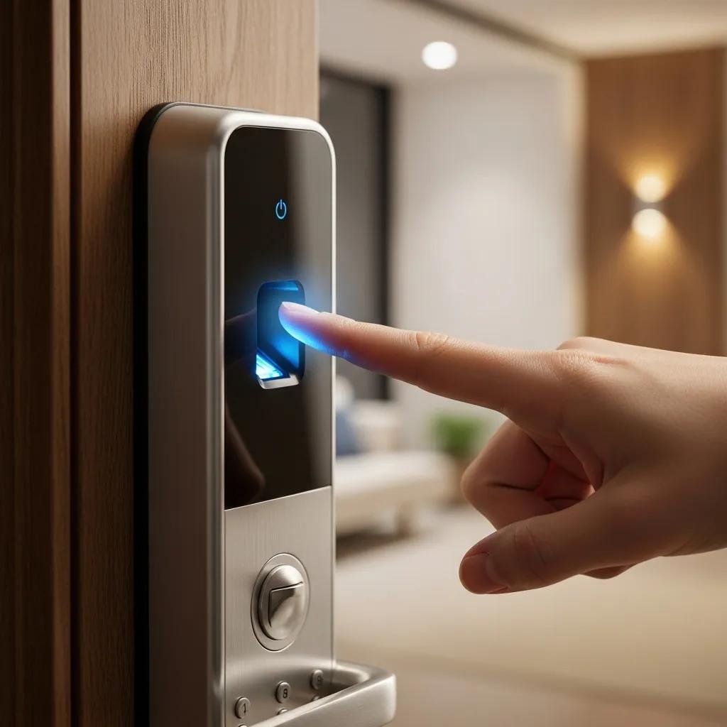 Close-up of a biometric door lock with fingerprint recognition in use