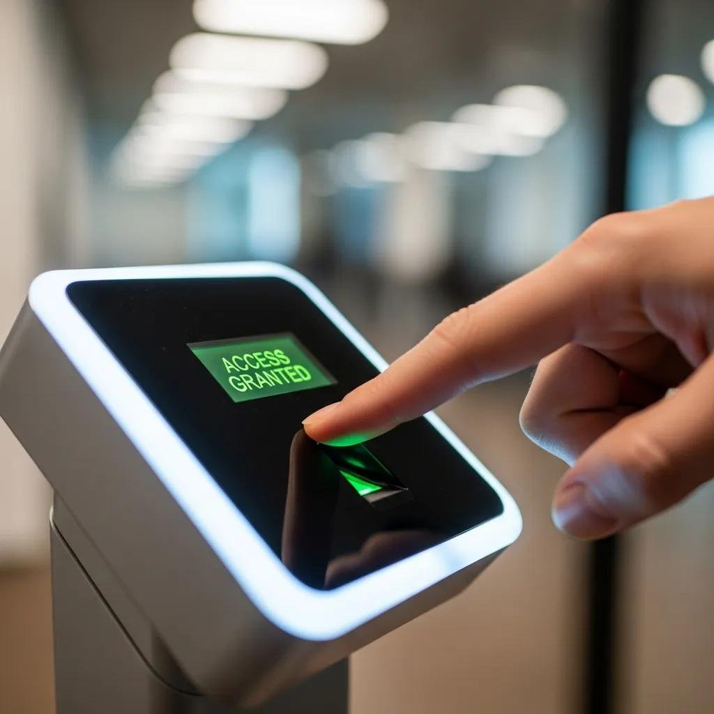 Close-up of a biometric fingerprint scanner granting access in an office