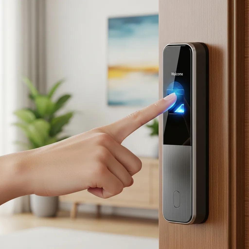 Close-up of a hand accessing a biometric smart lock, illustrating advanced security features and keyless entry convenience in a modern home setting.
