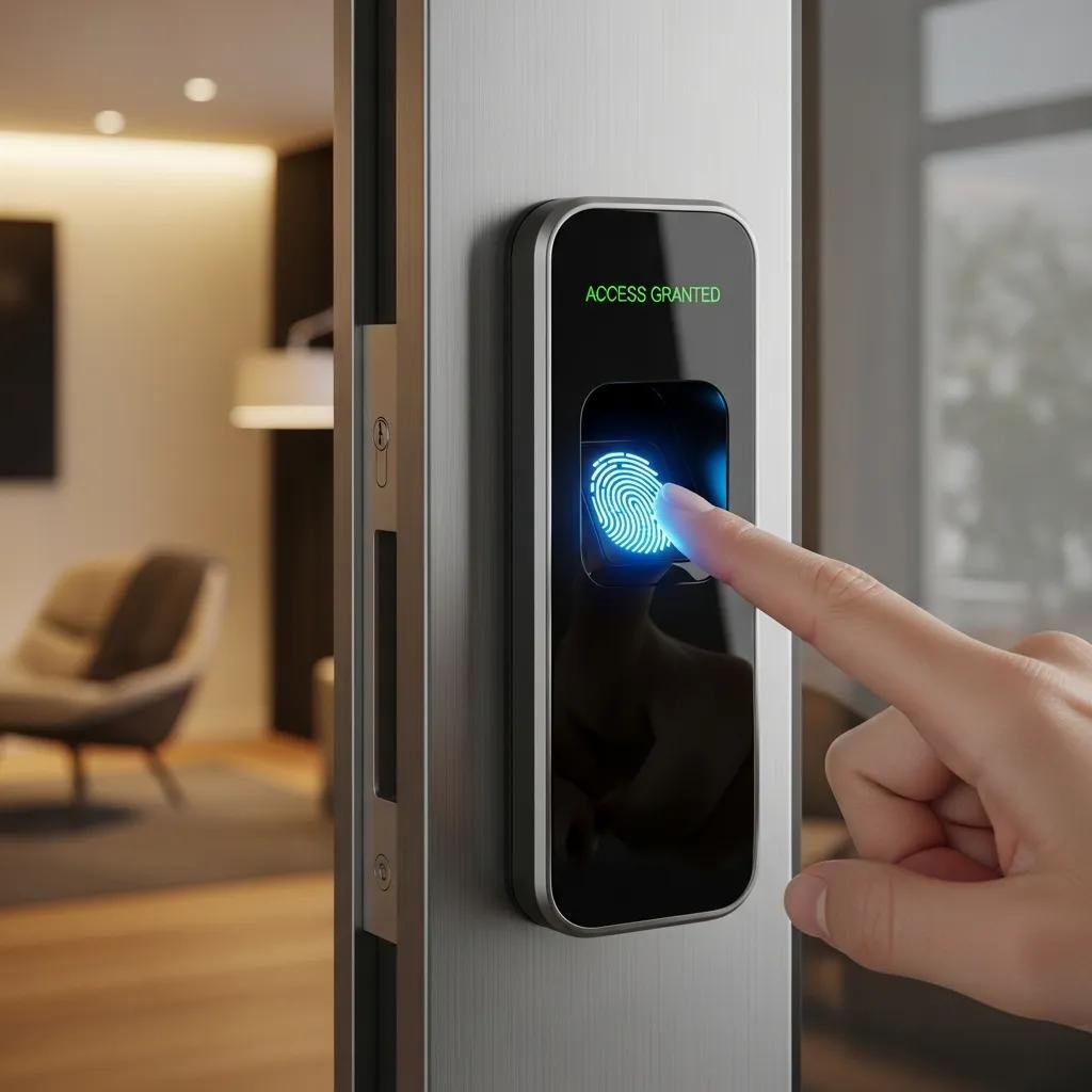 Close-up of a biometric smart lock with a fingerprint scan, illustrating enhanced home security