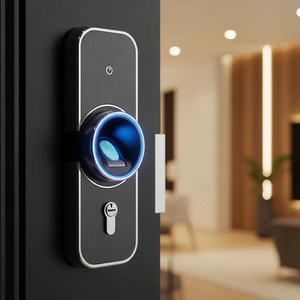 Biometric smart lock featuring a fingerprint scanner and illuminated blue ring, highlighting advanced security technology for smart home integration.