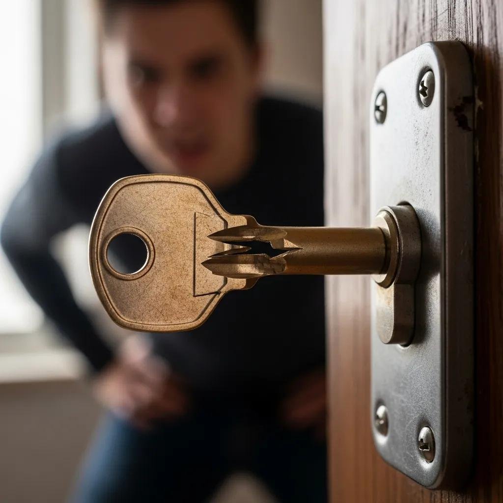 Close-up of a broken key in a lock cylinder with a person looking frustrated