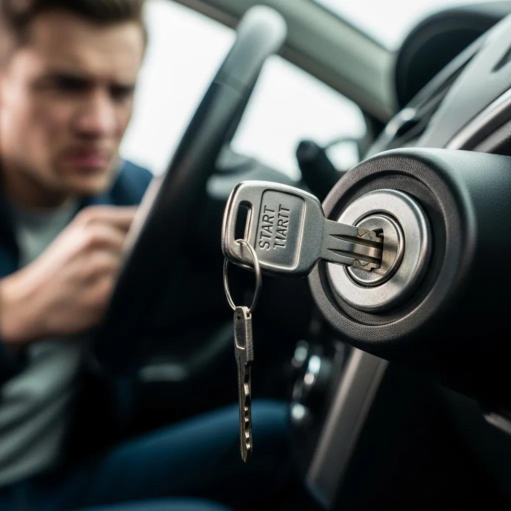 Car key in ignition cylinder with "START" label, indicating potential ignition issues, reflecting signs of ignition cylinder failure.