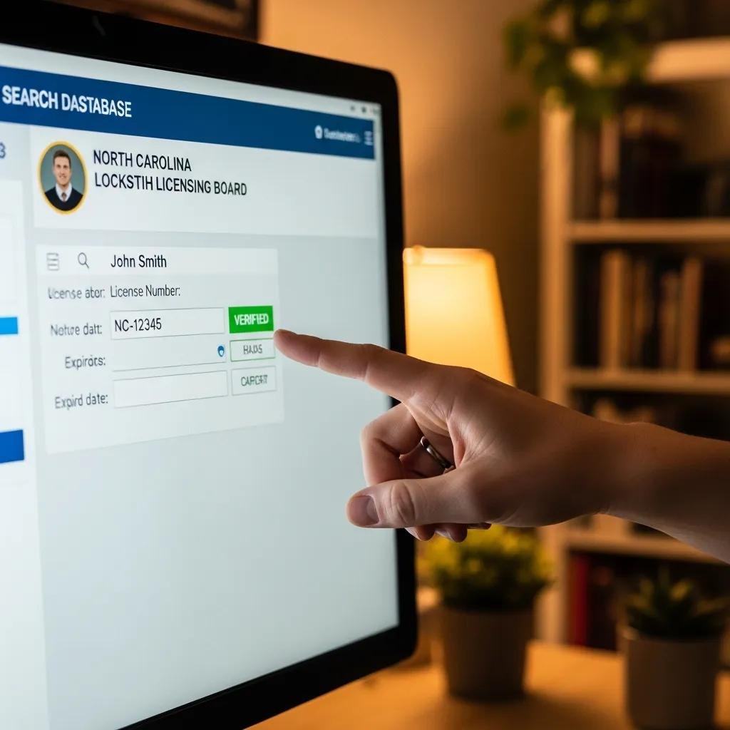 Close-up of a computer screen showing the NC Locksmith Licensing Board database for license verification