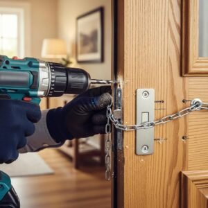 Close-up of a door chain installation process with a drill and door, emphasizing home security