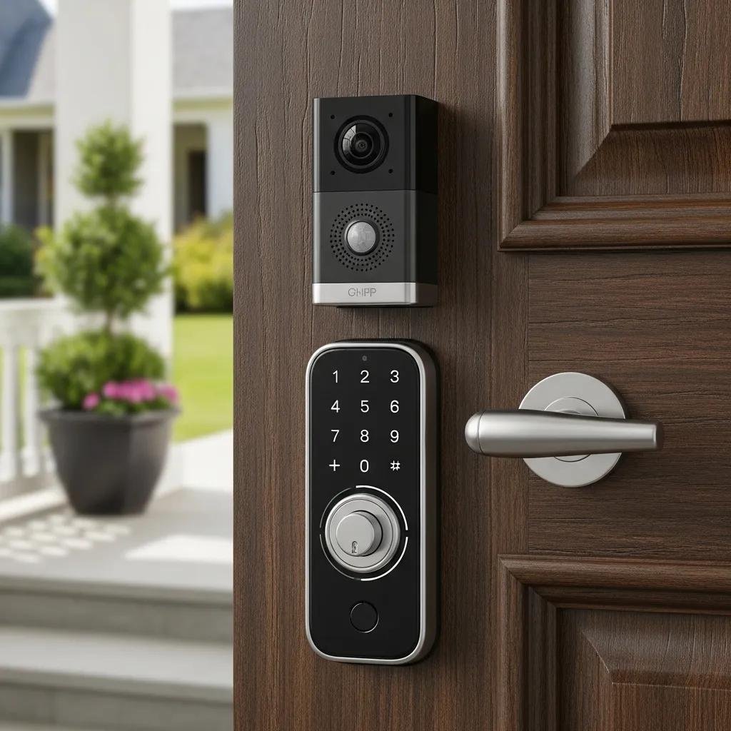 Close-up of a doorbell camera and smart deadbolt on a front door, illustrating security features