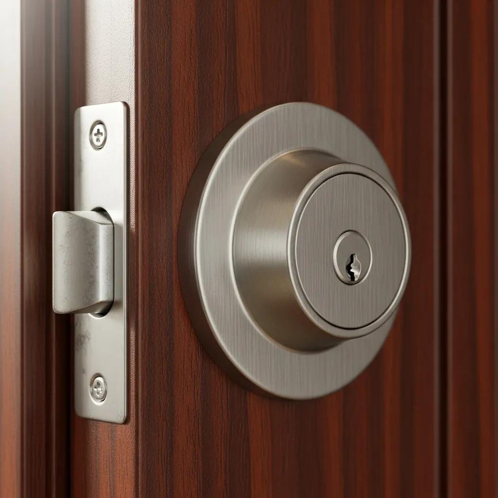 Close-up of a durable mechanical deadbolt lock on a wooden door, highlighting its security features and reliability